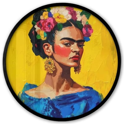 Poster in lijst Rond - Fotolijst 40x40 cm - Posters - Frida Kahlo - Vrouw - Geel - Blauw - Bloemen - Ronde posterlijst zwart - Decoratie - Wanddecoratie woonkamer - Muurdecoratie slaapkamer