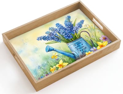 Dienblad hout 40x30 cm - Schootdienblad - Lavendelbloemen - Quote - Gieter - Borrelplank rechthoek - Plateau dienbladen