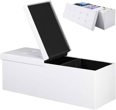 BAKAJI Borstpoef, opbergdoos, voetenbank voor slaapkamer, bank, kruk, opvouwbare structuur, bekleding van kunstleer, afneembare gevoerde zitting, afmetingen 115 x 38 x 40 (wit)