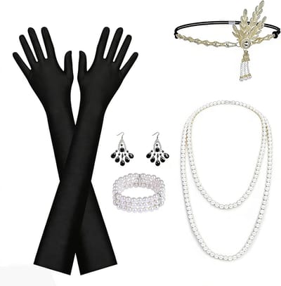 1920s Accessoire Set voor Vrouwen, Vintage Kostuum met Hoofdband, Parelsnoer, Oorbellen, Armband en Lange Handschoenen, Perfect voor Great Gatsby Feestjes en Themed Events