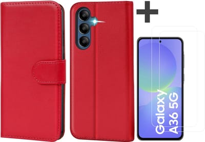 Hoesje met 2 Stuks Screenprotectors Geschikt voor Samsung Galaxy A36 – Arara bookcase met pasjeshouder - Rood