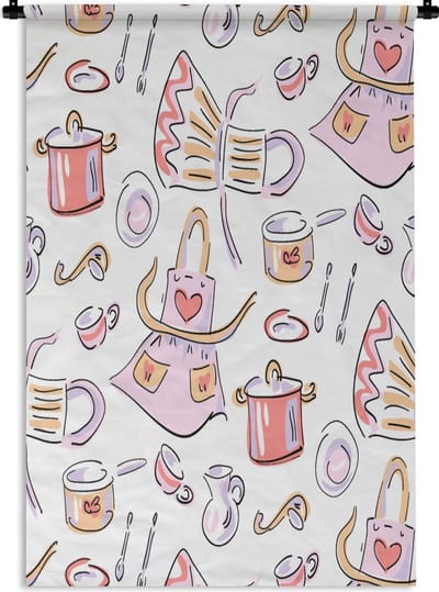 Wandkleed - Wanddoek - Patronen - Keuken - Schort - Koken - Pastel - 60x90 cm - Wandtapijt