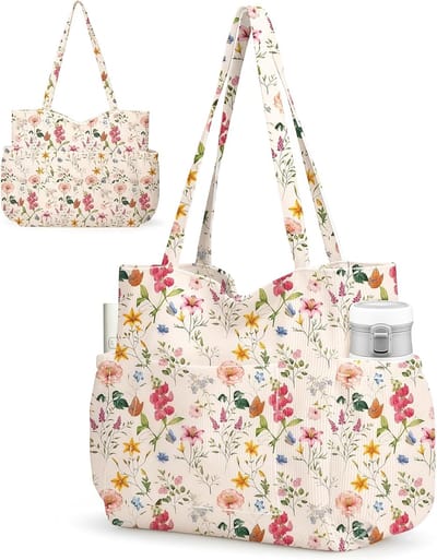 Cord Tote Bag voor Dames – Schattige esthetische Schoudertas, Herbruikbare Canvas Tas met Rits Meerdere Vakken voor Werk School Sportschool Reizen