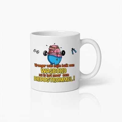 Grappige Fitness Mok | “Van Wasbord naar Droogtrommel” Humoristische Cartoon Koffiebeker | Leuk Cadeau voor Sportliefhebbers | 330ml