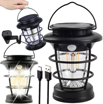 Solar Hanglamp Buiten - Warm Wit LED - Schemersensor en Bewegingssensor - Waterdicht Weerbestendig - Vintage Lantaarn - Hangend Met Handvat