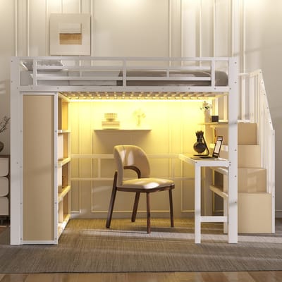 VVBV Hoogslaper 140x200 cm - Opbergruimte, LED-Verlichting, Bureau, Planken, Trap/Ladder - Metaal Wit - Zonder Matras