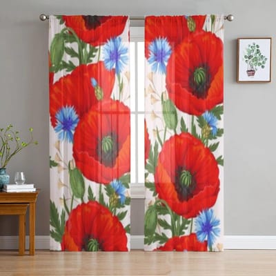 Rode klaprozen transparante gordijnen voor woonkamer slaapkamer keuken tule gordijn huis decoratieve transparante panelen 135W x 114H(cm) red