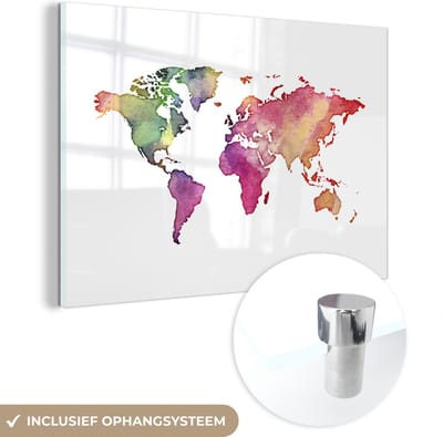 ® Glasschilderij 120x80 cm - Schilderij acrylglas - Wereldkaart - Waterverf - Kleuren - Foto op glas - Muurdecoratie woonkamer - Wanddecoratie slaapkamer - Schilderijen