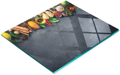 Multifunctioneel decoratief glazen bord met print van currykruiden, 60x52 cm