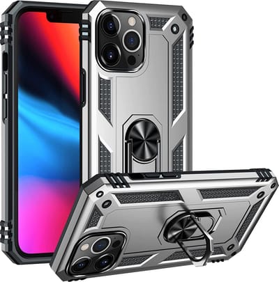 HB Hoesje Geschikt voor Apple iPhone 13 Pro - Grijs - Anti-Shock Hybrid Armor Back Cover - Hoes met Kickstand Ring