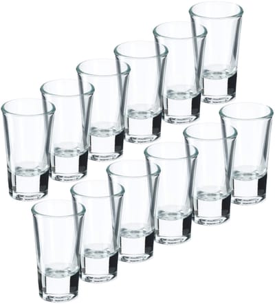KADAX Borrelglazen, vaatwasmachinebestendige 25 ml borrelglazen, klassieke borrelbekers van transparant, loodvrij glas, stamper voor wodka, likeuren en tequila (12 stuks)