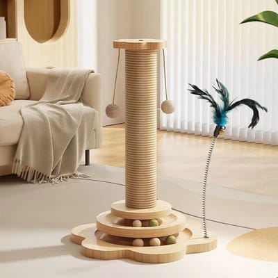 Famanu - Moderne Houten Krabpaal voor Katten, met Speelballen en Veerspeeltje, Natuurlijke Kleur