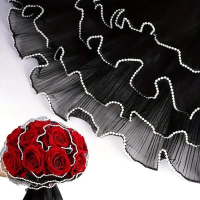 Inpakpapier voor bloemen met parelrand en rimpel, doorschijnend gaaspapier voor bruiloften, geschenken en decoratie (zwart, klein)