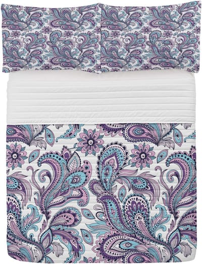 ABAKUHAUS Paisley Microfiber Bedspreiset, Bohemian Flower Land, Zacht beddengoed met kussenslopen en quilt, 264 cm x 220 cm, Wit Violet Blauw