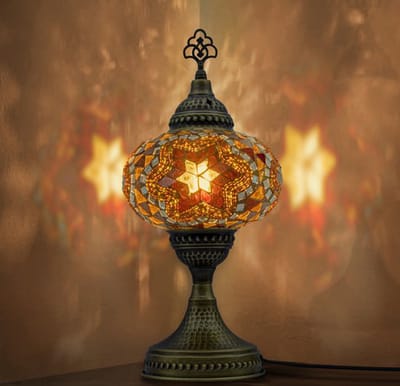 Mozaiek Lamp - handgemaakte tafellamp - bruin - dik glas en messing basis - geschikt voor E14 lampen