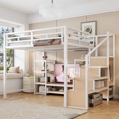 Sweiko Hoogslaper - 140 x 200 cm - met TV-beugel - Stopcontact - Opbergplank - Metalen frame - Wit