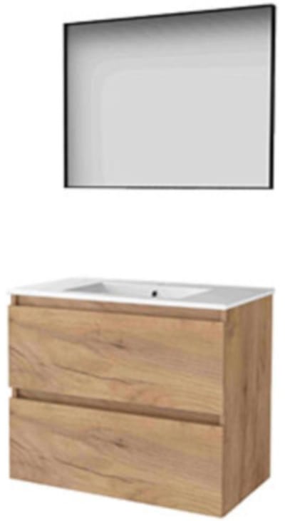 Basic-Line Framed 46 Badkamermeubelset - 80 x 46 cm - Greeploos - 2 Lades - Keramische Wastafel - 1 Kraangat - Spiegel met Zwart Aluminium Frame - Whisky Oak