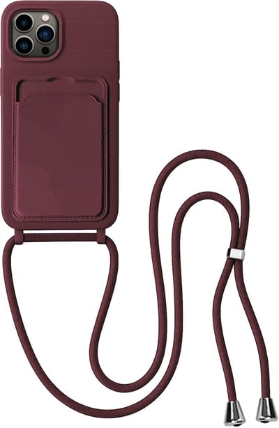 Hoes Geschikt voor iPhone 14 Pro Max Hoesje Pas Houder Case Hoes Met Koord - Hoesje Geschikt voor iPhone 14 Pro Max Hoes Met Telefoonkoord Pasjeshouder Cover - Aubergine - 2 Stuks