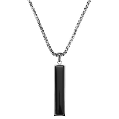 Orisun | Zilverkleurige Roestvrijstalen Ketting met Lange Rechthoekige Hanger van Zwarte Onyx
