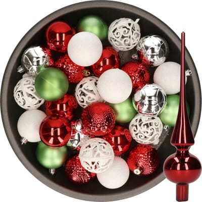 Decoris Kerstballen - 37 ST - kunststof - 6 cm - wit-rood-zilver-groen - met glazen piek