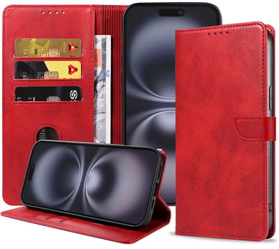 Geschikt voor iPhone 16 Plus Telefoonhoesje Kunstleer met Magnetisch lipje en Pasjeshouder Book Case met Klepje - Rood - Smartphonica geschikt voor iPhone 16 Plus