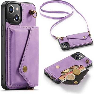 Casemania Hoesje Geschikt voor Apple iPhone 13 Pro - Bright Lila - Luxe Backcover met Koord en Magnetische Sluiting - Portemonnee Wallet Case met Pasjeshouder en Opbergvak - Lanyard Telefoonhoes - Cord Case