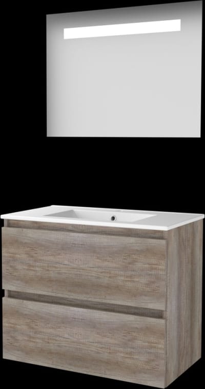 Basic-Line Economic 46 Badkamermeubelset - 80 x 46 cm - Greeploos - 2 Lades - Keramische Wastafel - 1 Kraangat - Spiegel met LED Verlichting - Scotch Oak