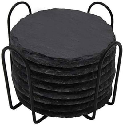 Onderzetters- leisteen met houder -set van 8 stuks - rond - voor glazen- keukengerei - drink - onderzetters