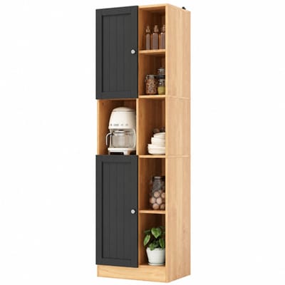 Hoge hoekkast keuken - Smalle keukenkast met 2 deuren - 6 open planken - Voor eetkamer en woonkamer - 50x35,5x170cm Zwart/Eiken