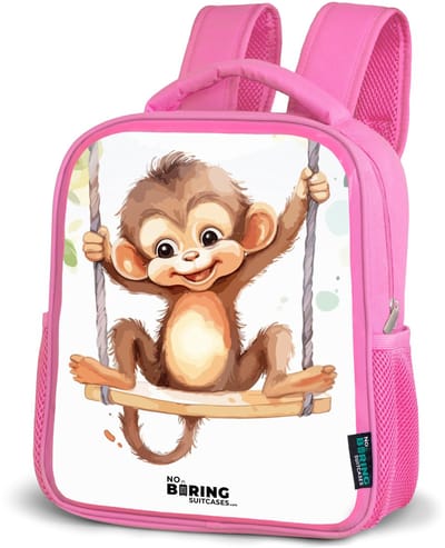 NoBoringSuitcases.com® - Rugzak roze - Schooltas meisjes - Vrolijk aapje op een schommel illustratie - Kinder rugtas meisje - Boekentas kind - Kinderrugzak voor school - Schoolrugzak