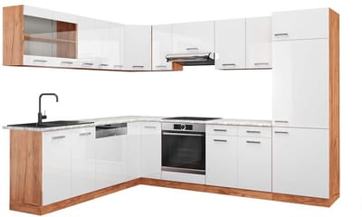Vicco Hoekkeuken R-Line, Wit Hoogglans/Goudkleurig Eiken, 287 x 227 cm, WB Marmer