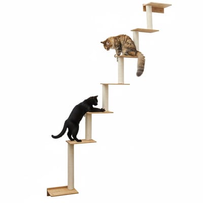 251 cm Wandkrabpaal met 7 Bamboe Planken - Katten Klimboom van Sisal - Krabpaal met Muurbevestiging