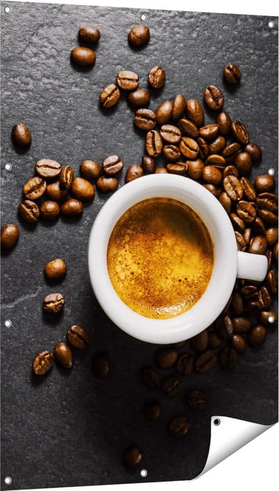 Gards Tuinposter Kopje Koffie met Koffiebonen - 80x120 cm - Tuindoek - Tuindecoratie - Wanddecoratie buiten - Tuinschilderij
