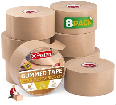 Gummed Paper Tape - Water Activated Kraft Tape for Heavy Duty Packaging, 2.7" x 375 Feet, Pack of 8