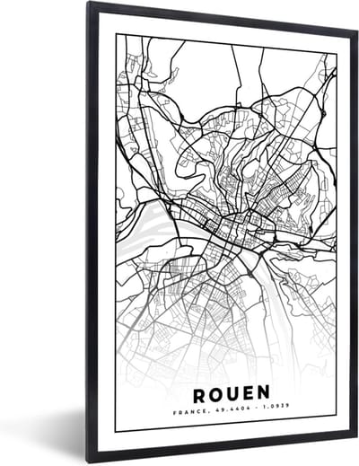 Fotolijst incl. Poster Zwart Wit- Frankrijk - Rouen - Kaart - Plattegrond - Stadskaart - Zwart wit - 40x60 cm - Posterlijst
