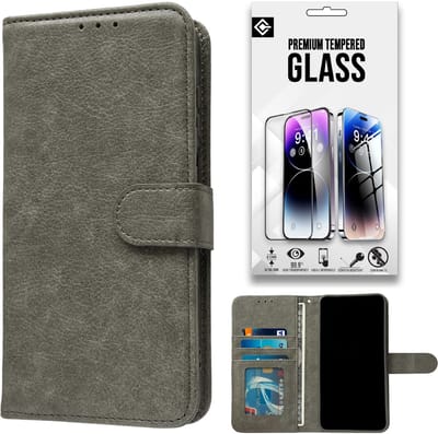 Casemania Hoesje en Glas Geschikt voor Samsung Galaxy A17 5G - Grijs- Luxe Portemonnee Book Case met Pasjeshouder - Wallet Case Telefoonhoesje - 1x Tempered Glazen Screenprotector