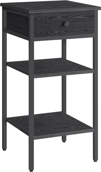 Furnstar Nachtkastje -Bijzettafel hoog met een lade en 2 open vakken - 1 Verstelbare plank - Ruimtebesparend - Verstelbare poten - Industrieel design - Ebbenhoutzwart inktzwart