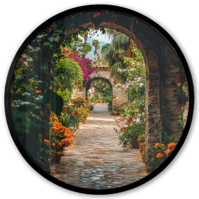 Poster in lijst Rond - Fotolijst 40x40 cm - Posters - Doorkijk - Bloemen - Poort - Stenen - Ronde posterlijst zwart - Decoratie - Wanddecoratie woonkamer - Muurdecoratie slaapkamer