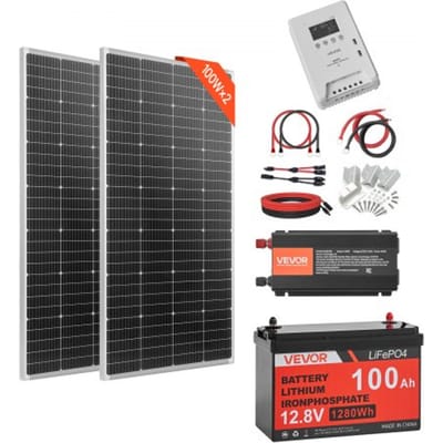 VEVOR 400W Complete Zonne-energiesysteem Kit, Off-grid zonne-energiesysteem inclusief 2 x 200W monokristallijne zonnepanelen, 12,8V 100Ah LiFePO4-accu, 40A MPPT-laadregelaar en 12V 1000W omvormer, Off-grid fotovoltaïsch systeem voor thuis