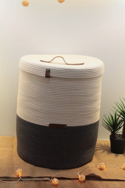 OZ Home - Mand met Deksel - Donkerblauw/Wit - Duurzaam & Functioneel - Voor Grote Opslag en Organisati