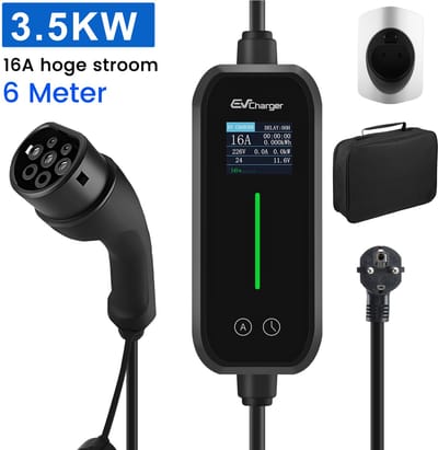 Junsun EV Mobiele Thuislader 3,5kW met APP - Laadkabel Type 2 - Schuko - 3 Jaar garantie - 16A 1-fase 6M Laadkabel - 230V EV-oplader met LCD Digitaal Display, Geschikt voor Elektrische Auto's - IP55 Regenbestendig - IEC62196-2 & IP67 zwart