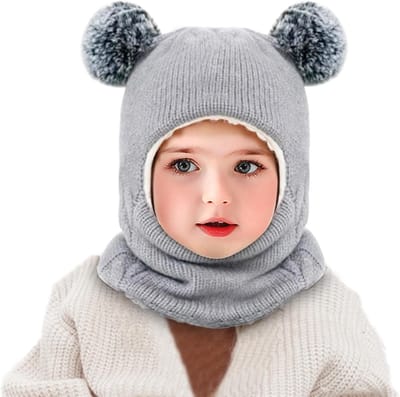 Warmtegevende Baby Balaclava met Oorkappen en Dubbele Pompom voor Kinderen - Ideaal voor Winter, Grijs, Comfortabel en Stijlvol