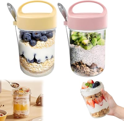 2 Stuks Oats Potten met Deksel en Lepel - Draagbare Lekkagebestendige Yoghurt Parfait Bekers - Doorzichtige Luchtdichte Ontbijt Pot voor Chia Pudding Muesli Fruit Smoothie Onderweg Maaltijd Voorbereiding