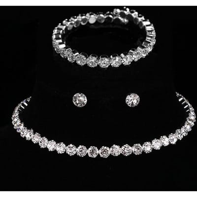 Bruidsglans Strass Sieradenset, Rond Vol Diamant Armband, Oorbellen Ketting Drie Delen Set zilver