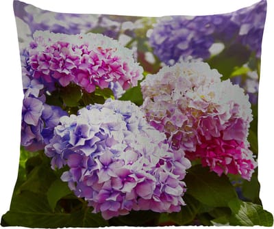 Tuinkussen - Bloemen - Hortensia - Roze - Bladeren - Zon - 40x40 cm - Weerbestendig