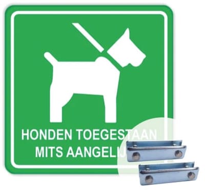 Bord honden aangelijnd 40x40 cm - Bevestiging: Met hekbeugels (voor spijlen- of gaashek)