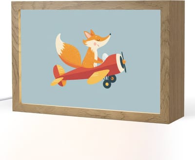 Nachtlampje 30x20 cm - Kinder lampje - Vos - Vliegtuig - Blauw - Tafellamp kinderkamer - Slaapkamer lamp - Bedlamp kinderen - Kinderlampje stopcontact - Wandlamp babykamer - Nachtlampjes