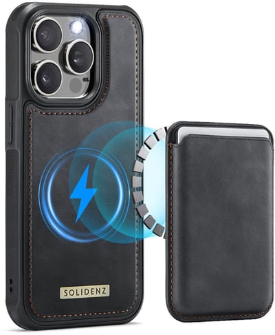 Solidenz Hoesje geschikt voor iPhone 15 Pro Max - Luxe Wallet met Magnetische Pasjeshouder - Compatibel met MagSafe - Schokbestendig - Zwart