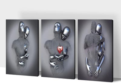 Set van 3 Canvas Wanddecoraties - Grijze Liefdeskunst met 3D-Metaleffect voor Slaapkamer en Woonkamer