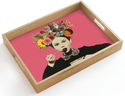 Dienblad hout 40x30 cm - Schootdienblad - Meisje - Kopje - Bloemen - Roze - Borrelplank rechthoek - Plateau dienbladen
